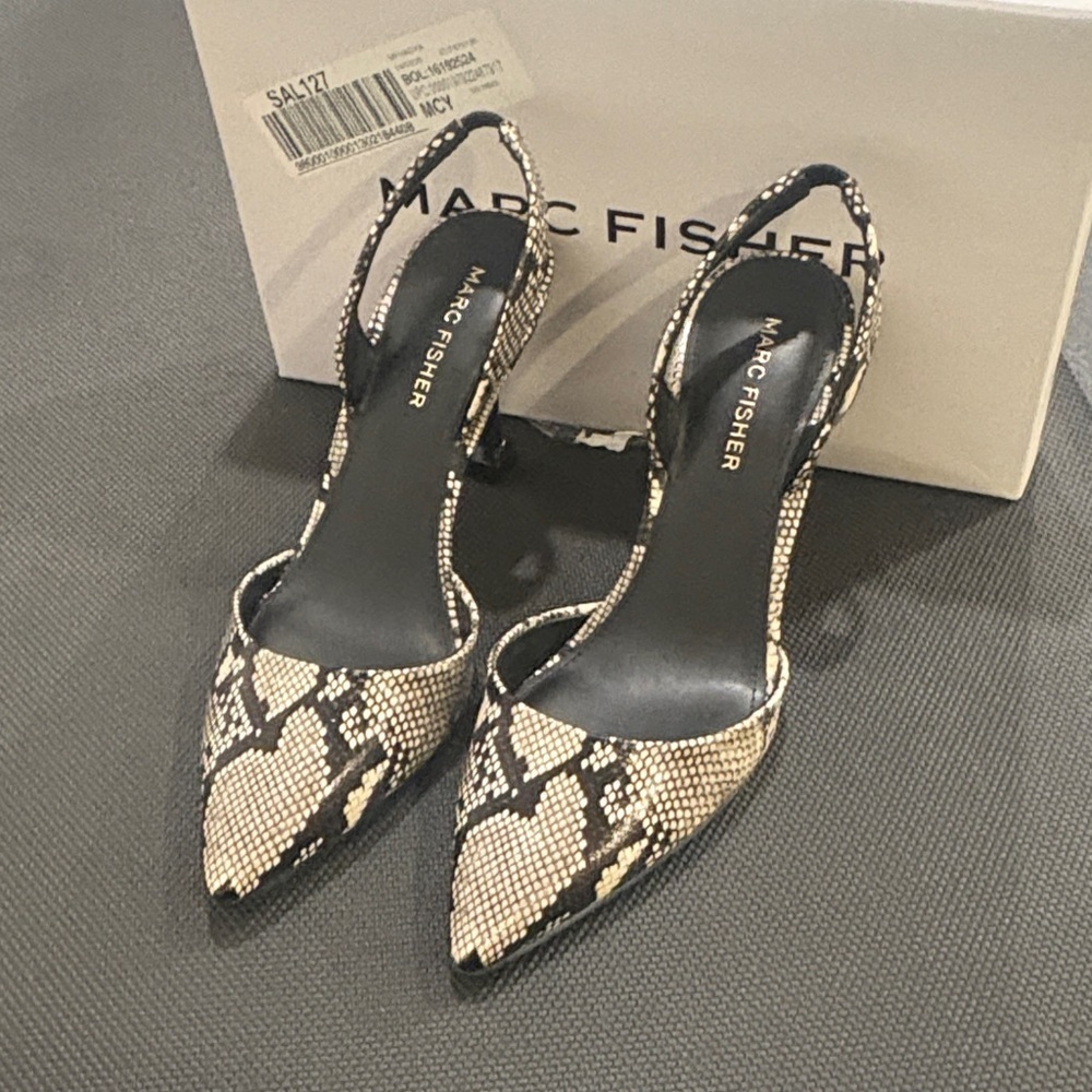 Marc Fisher Black and Cream Snakeskin Heels